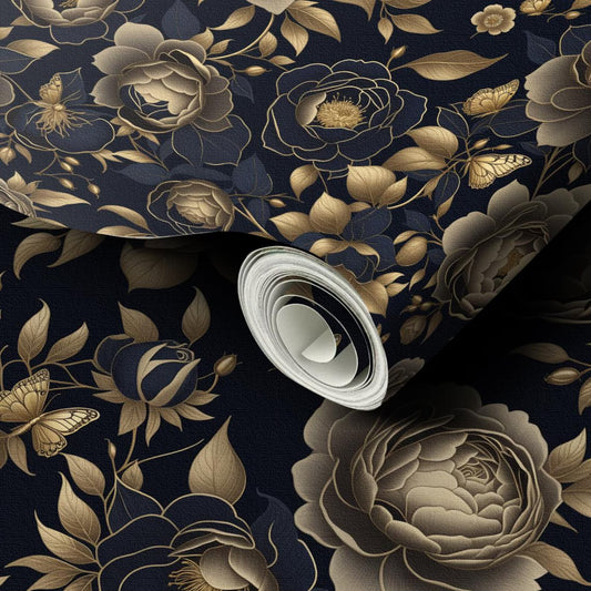 Luxury Vintage Floral Wallpaper – Gold Foil Effect Peony & Butterfly Wall Mural on Dark Background