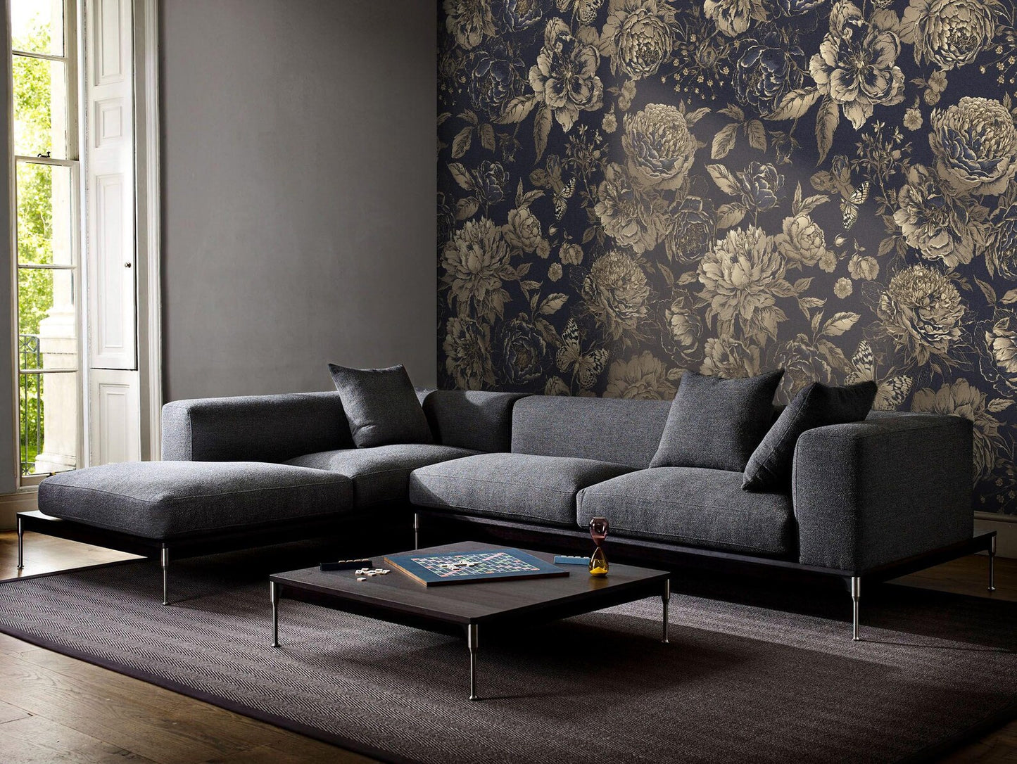 Luxury Vintage Floral Wallpaper – Gold Foil Effect Peony & Butterfly Wall Mural on Dark Background
