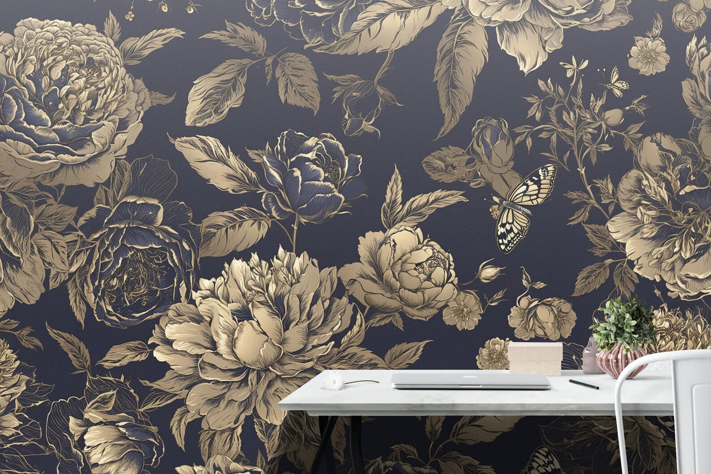 Luxury Vintage Floral Wallpaper – Gold Foil Effect Peony & Butterfly Wall Mural on Dark Background