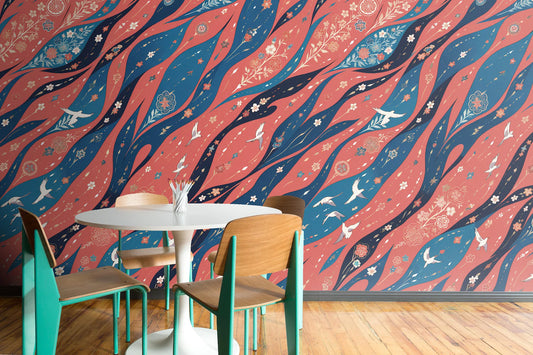 Traditional Japanese Style Wallpaper – Red and Blue Floral Bird Wall Mural – Japandi Seamless Wallpaper Design - Wall Decor