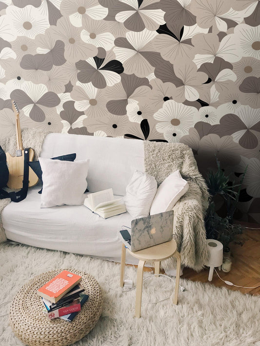 Modern Floral Beige Flowers Wallpaper | Japandi Design | Minimalist Line Art