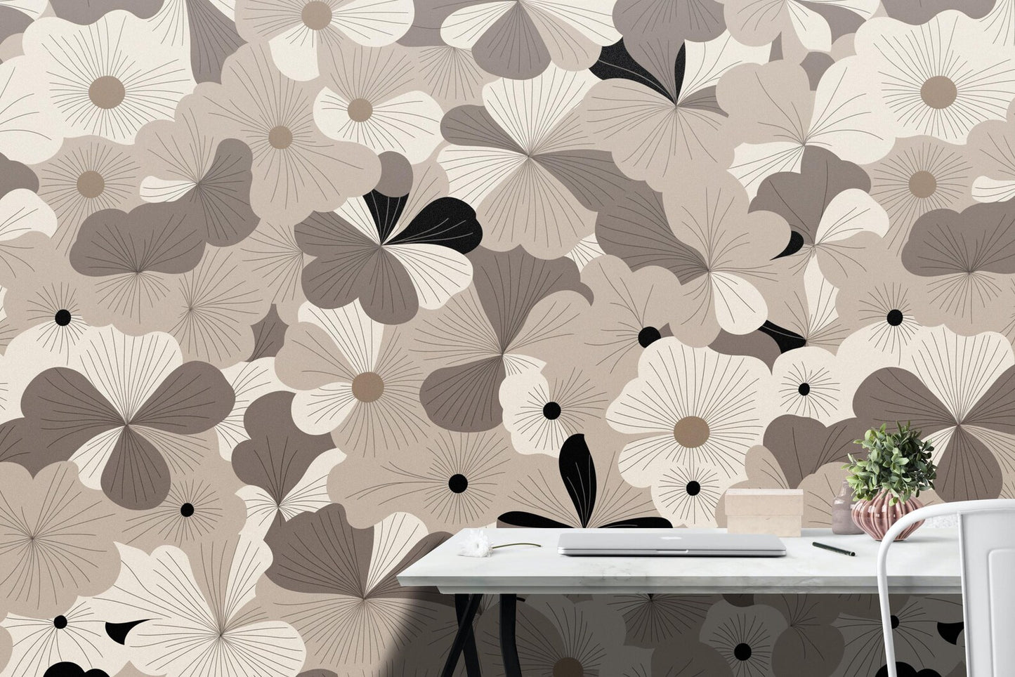 Modern Floral Beige Flowers Wallpaper | Japandi Design | Minimalist Line Art