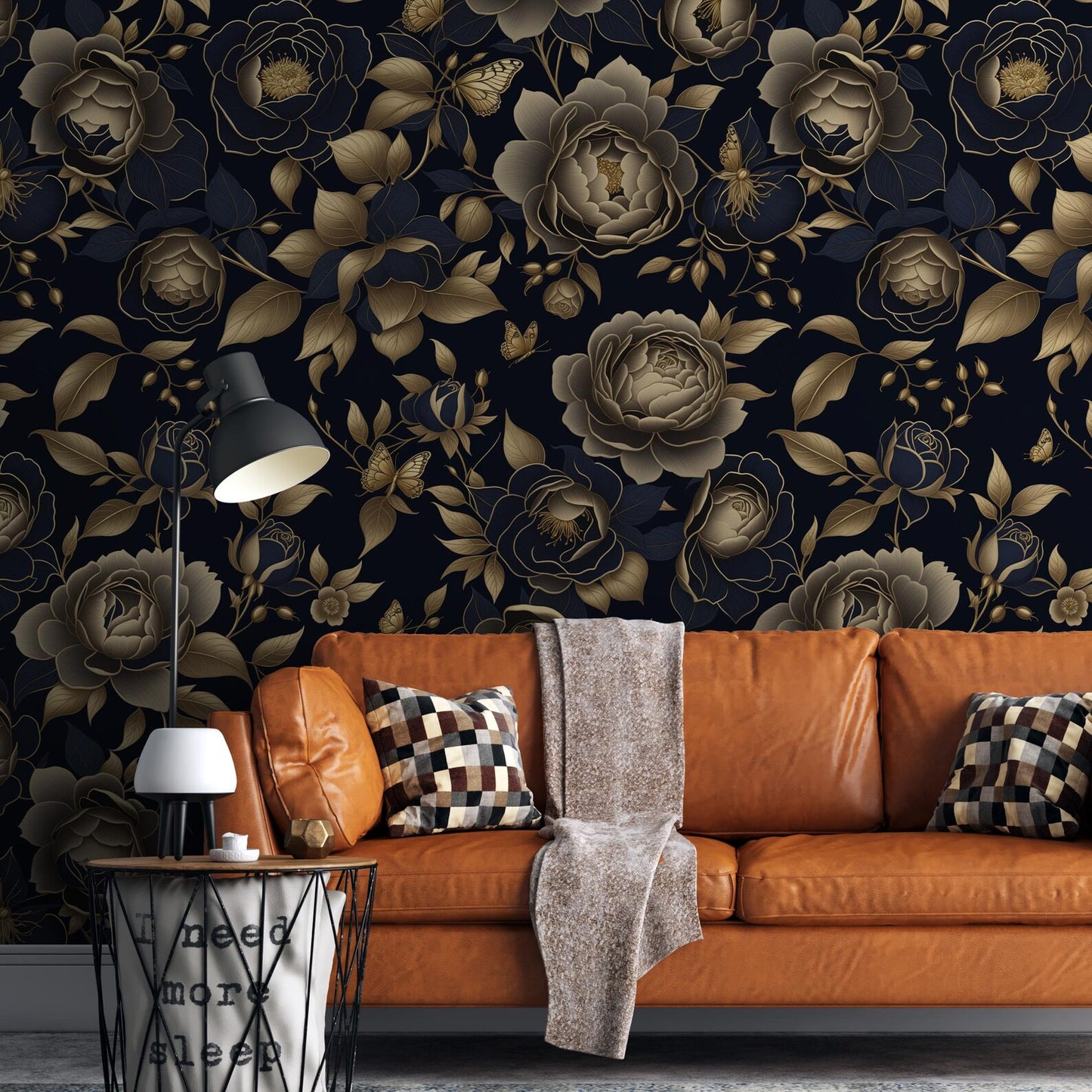 Luxury Vintage Floral Wallpaper – Gold Foil Effect Peony & Butterfly Wall Mural on Dark Background