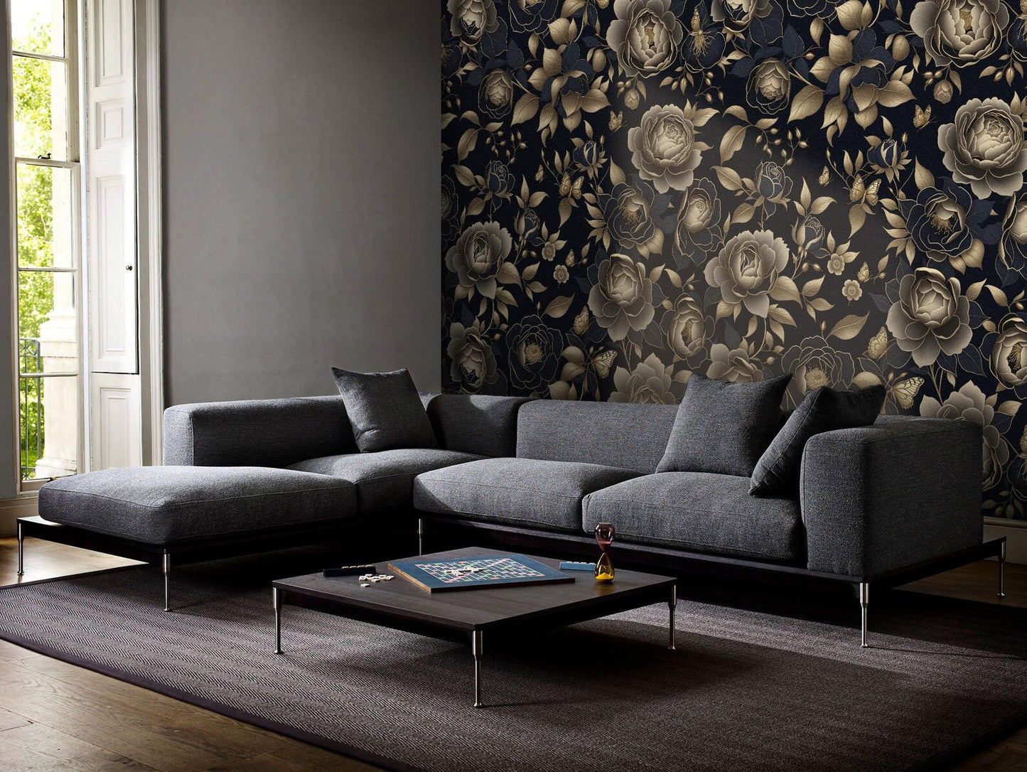 Luxury Vintage Floral Wallpaper – Gold Foil Effect Peony & Butterfly Wall Mural on Dark Background