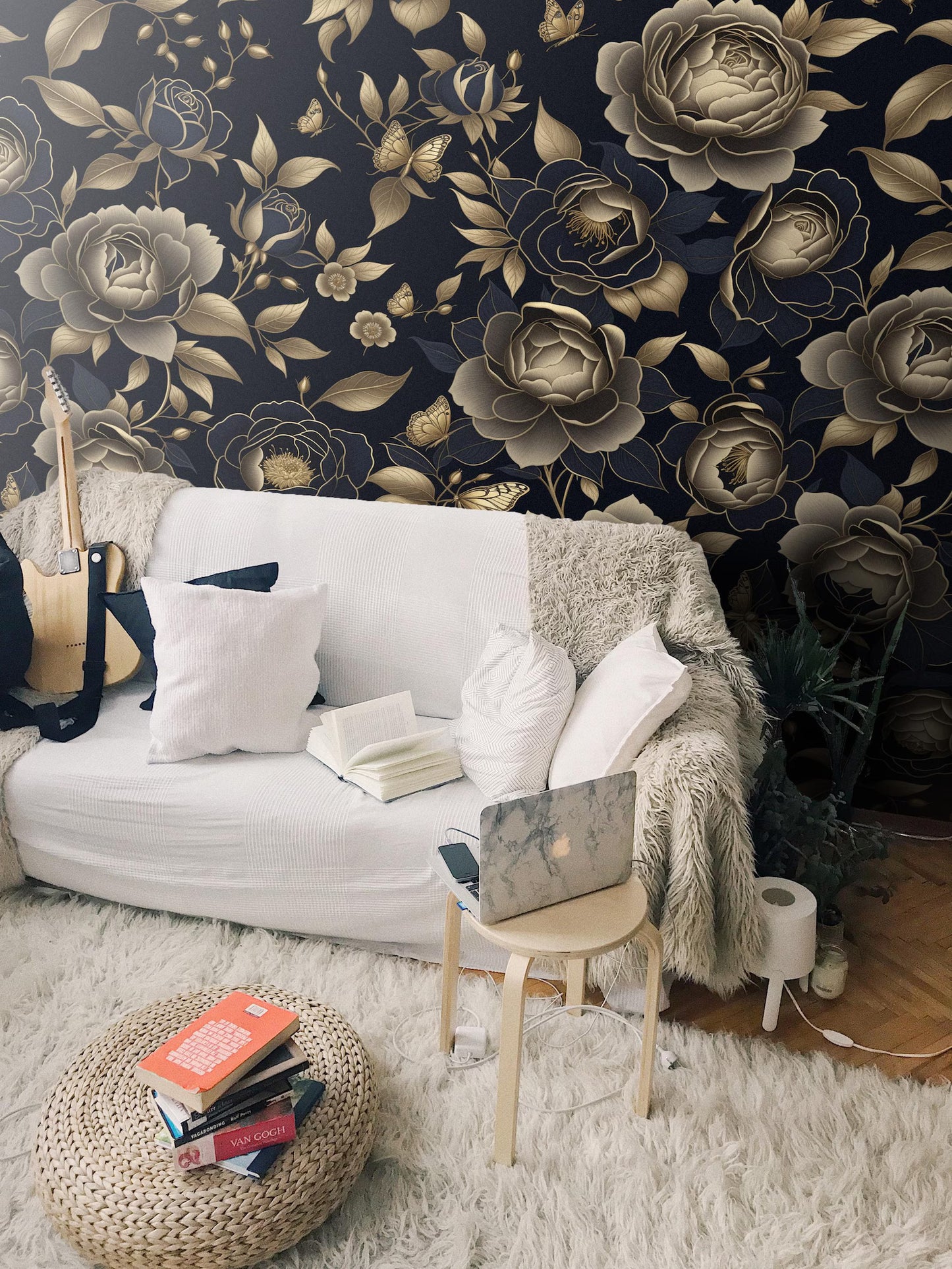 Luxury Vintage Floral Wallpaper – Gold Foil Effect Peony & Butterfly Wall Mural on Dark Background