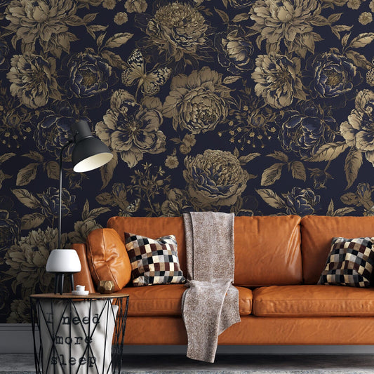 Luxury Vintage Floral Wallpaper – Gold Foil Effect Peony & Butterfly Wall Mural on Dark Background