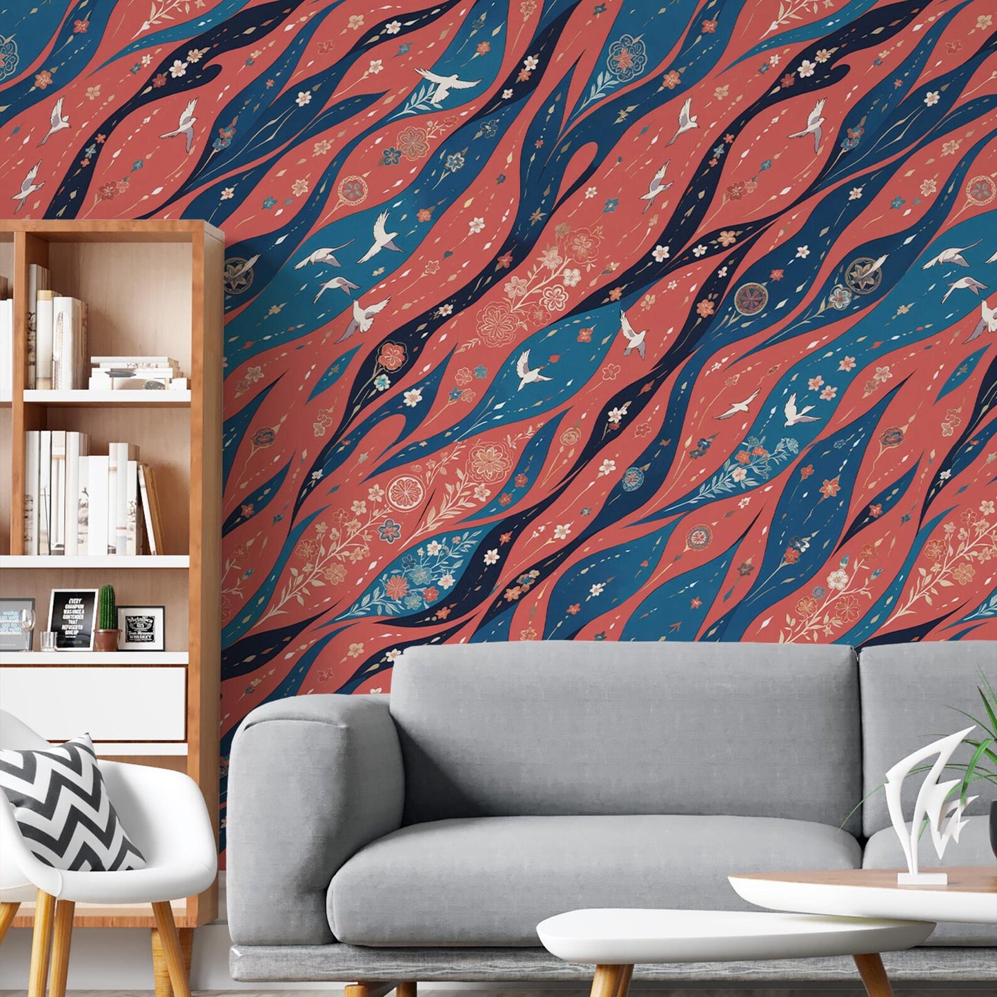 Traditional Japanese Style Wallpaper – Red and Blue Floral Bird Wall Mural – Japandi Seamless Wallpaper Design - Wall Decor