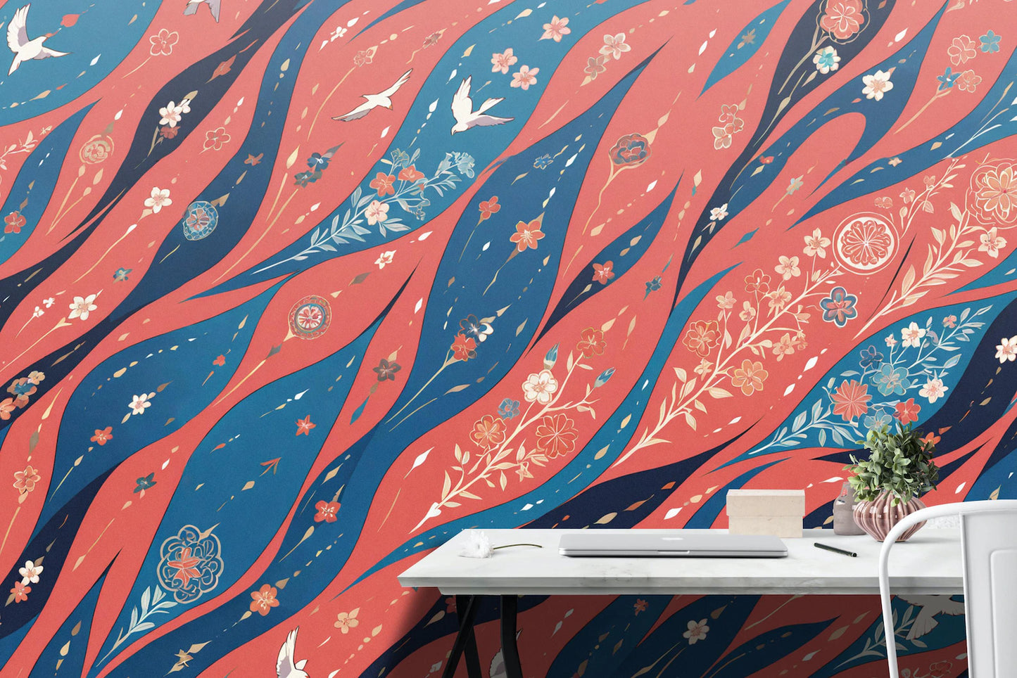 Traditional Japanese Style Wallpaper – Red and Blue Floral Bird Wall Mural – Japandi Seamless Wallpaper Design - Wall Decor
