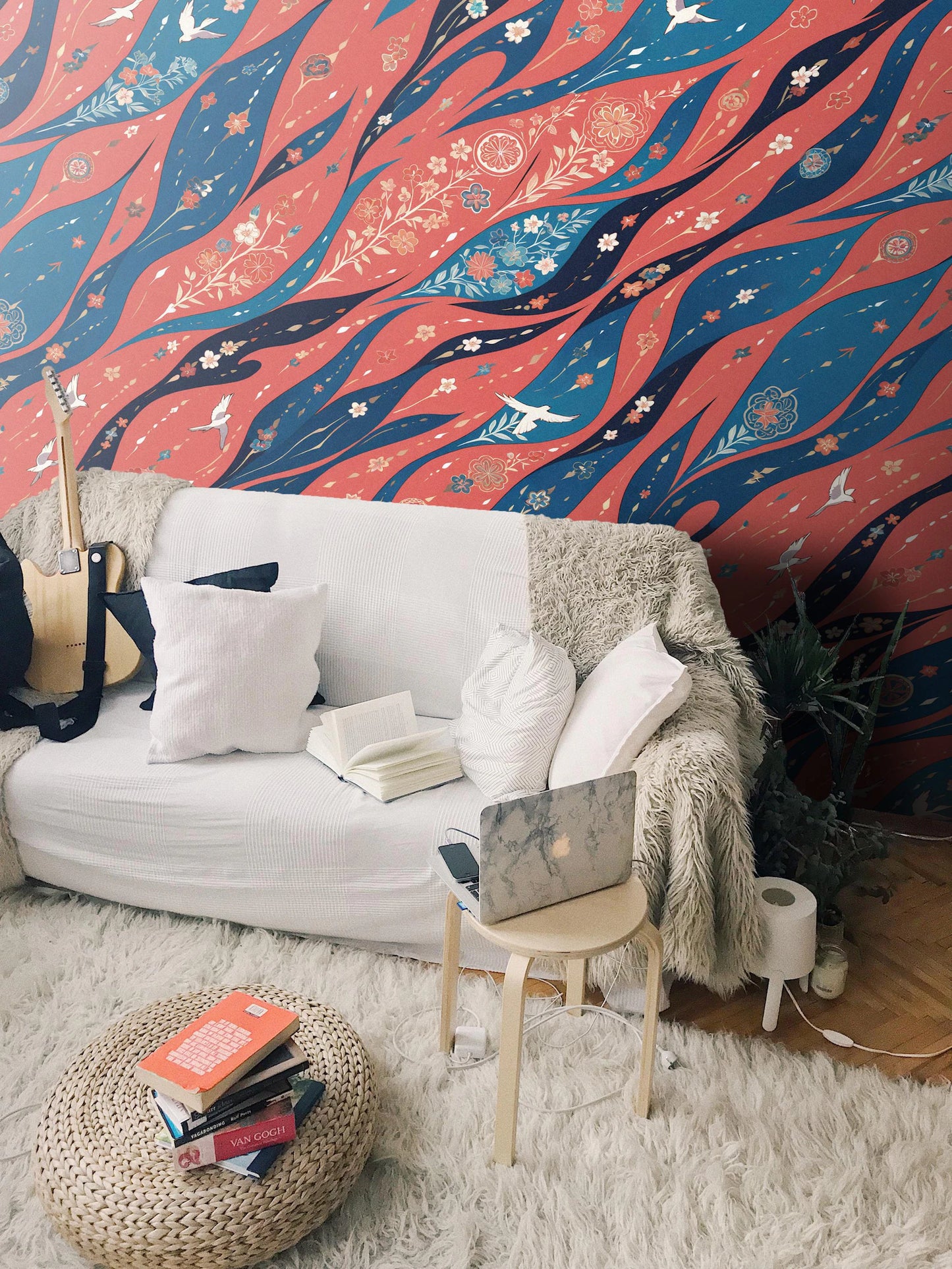 Traditional Japanese Style Wallpaper – Red and Blue Floral Bird Wall Mural – Japandi Seamless Wallpaper Design - Wall Decor
