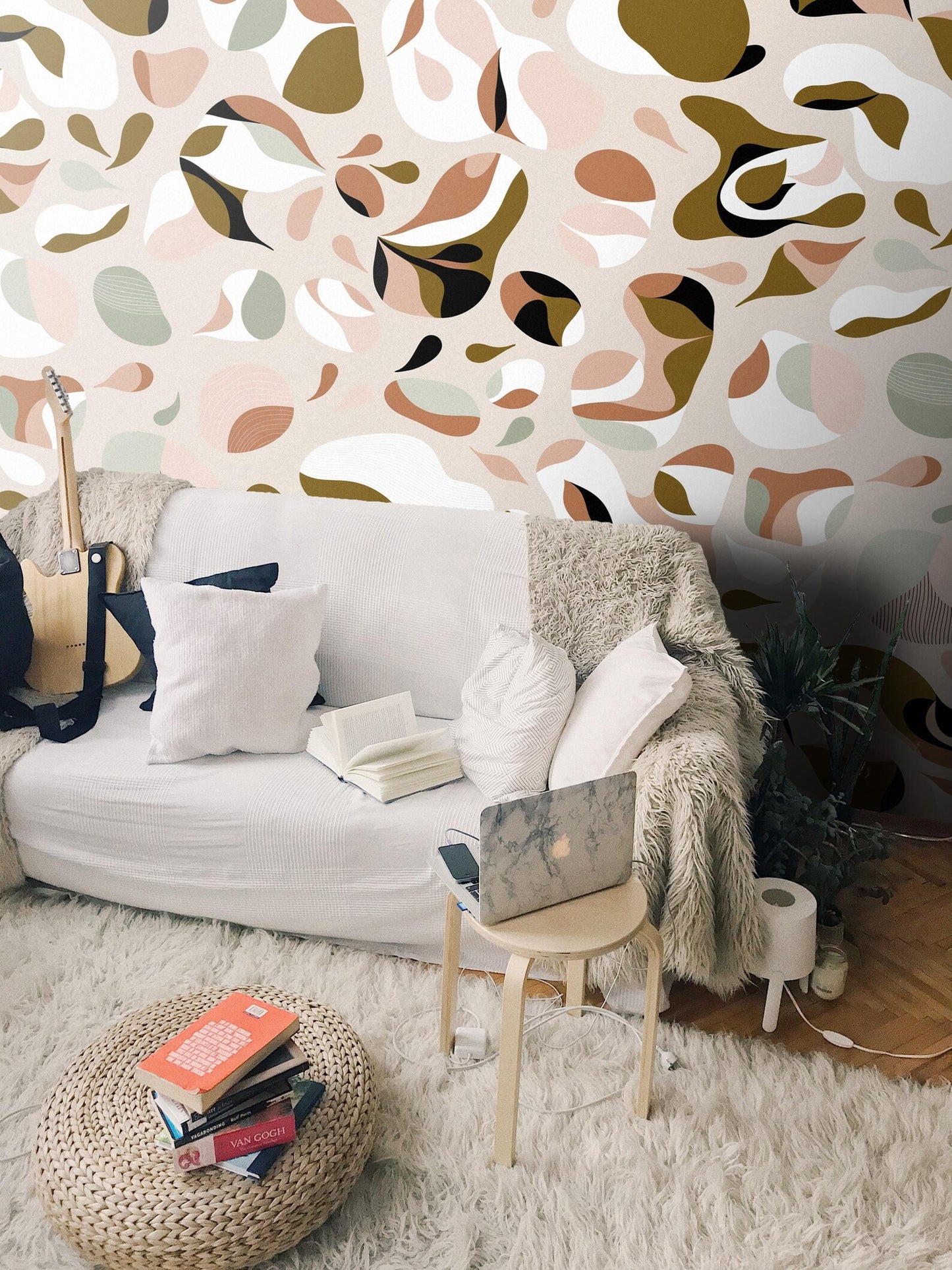 Modern Abstract Shapes Wallpaper | Organic Shapes | Wall Mural on White Background