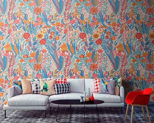 Vibrant Colorful Floral Wallpaper | Modern & Whimsical Botanical Pattern | Wall Decor
